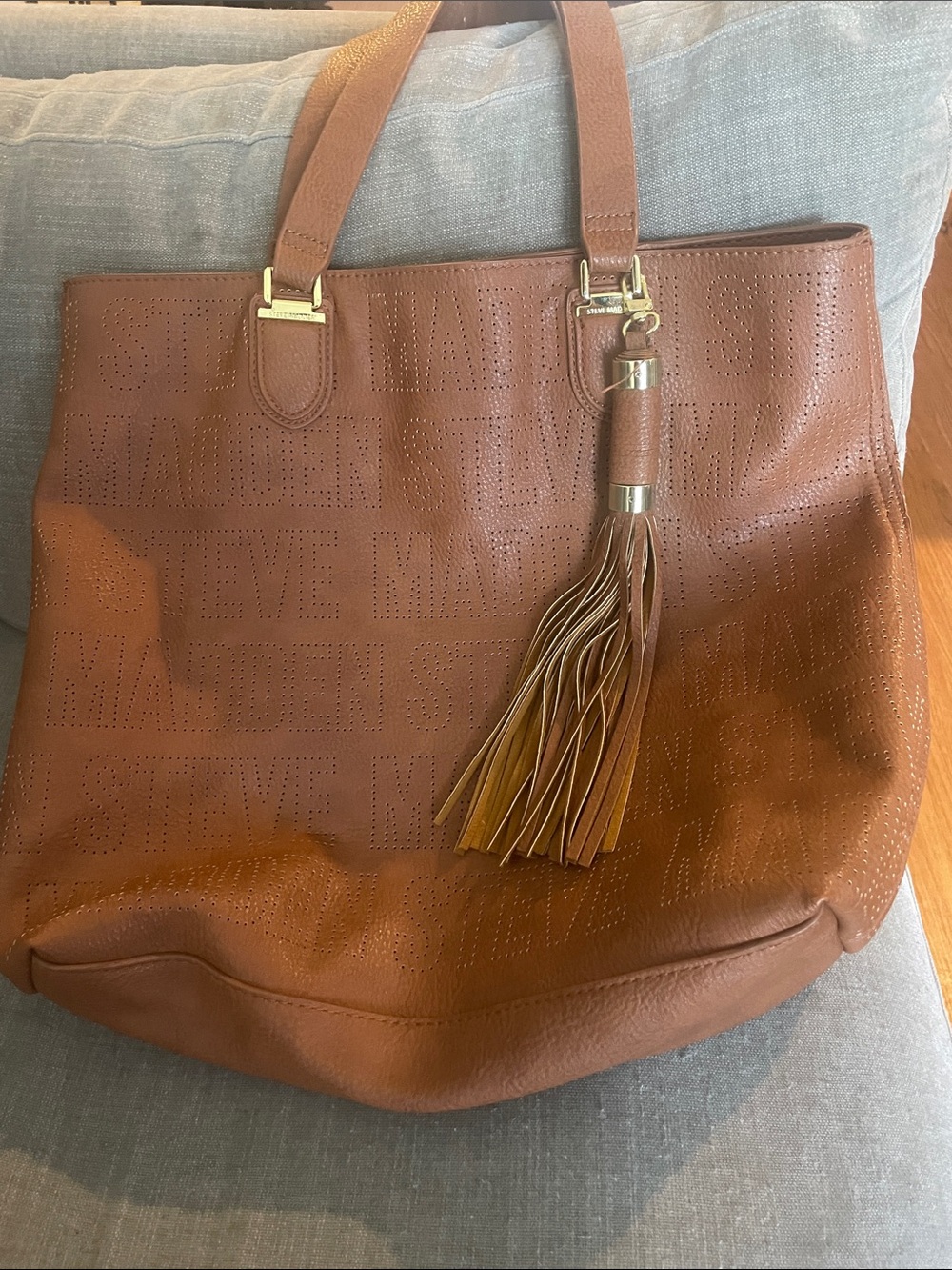 Steve Madden Cognac Perforated Logo Tote with Tassel